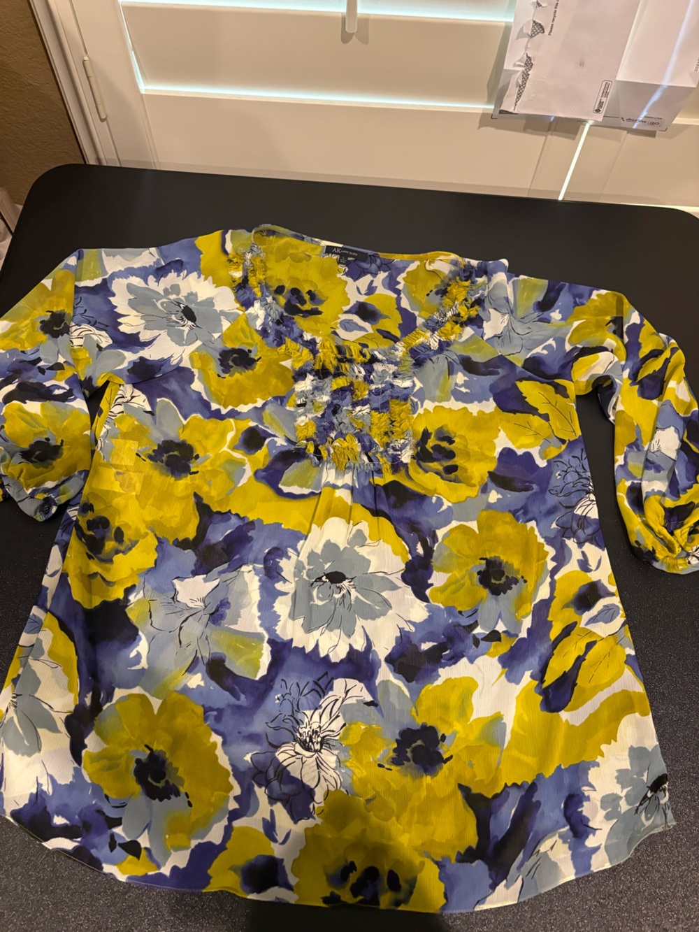 Anne Klein Yellow Blue Floral Smocked Neck Blouse